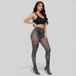 NWT PrettyLittleThing Sock Leggings Womens 4 Black Bandana Paisley Print Sheer